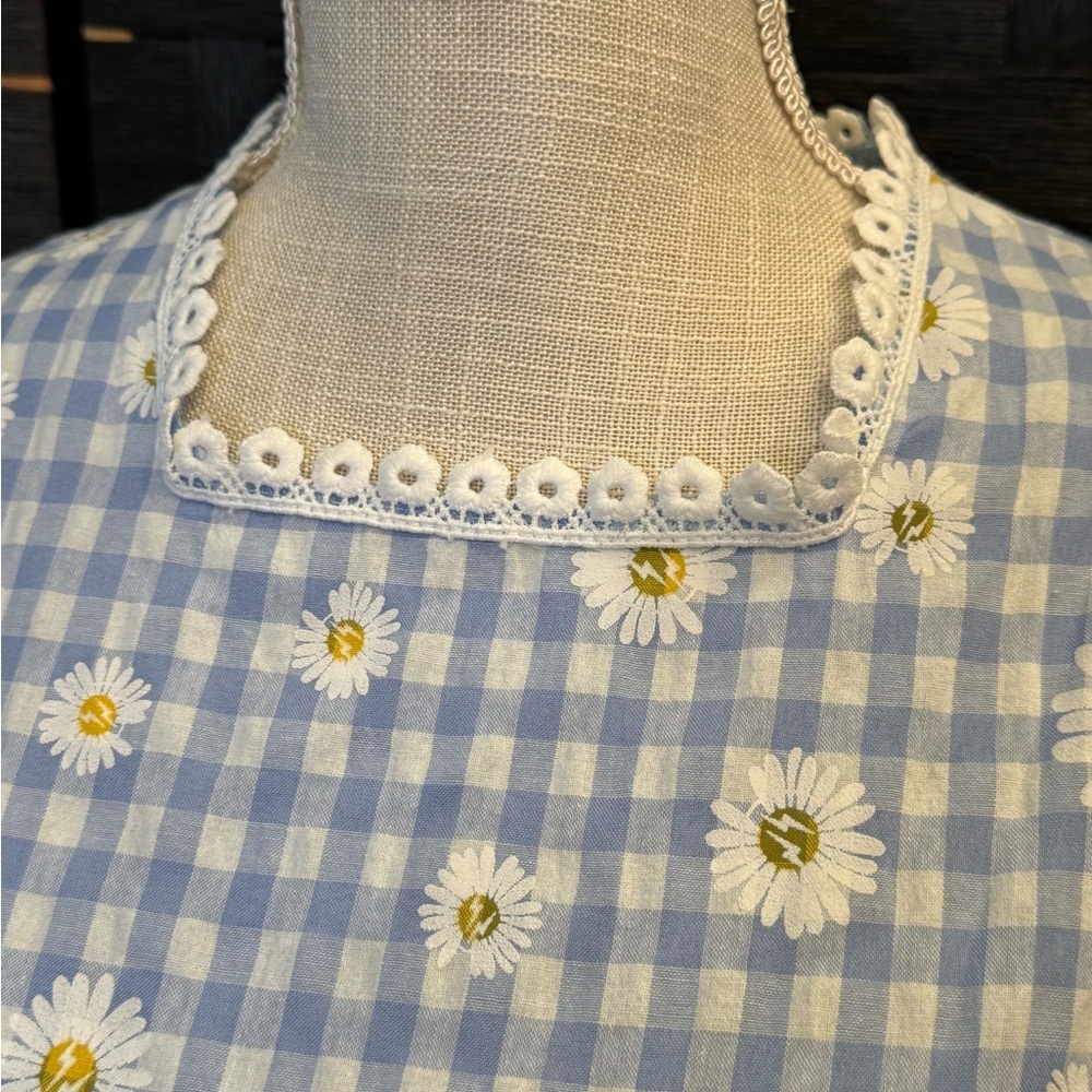 Blue & White Vintage Gingham Midi Dress with Daisy Print - Picture 4 of 8